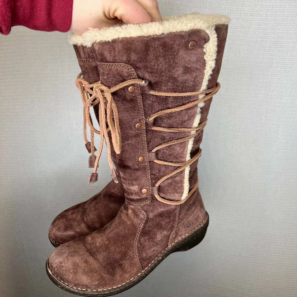UGG Australia Sunburst Tall Chocolate Brown Suede Shearling Lace Up Boots Womens